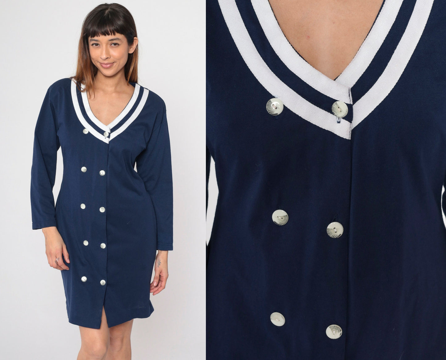 90s Navy Double Breasted Shirtdress White Striped Mini Long Sleeve Medium