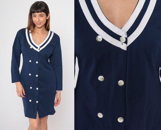 90s Navy Double Breasted Shirtdress White Striped Mini Long Sleeve Medium