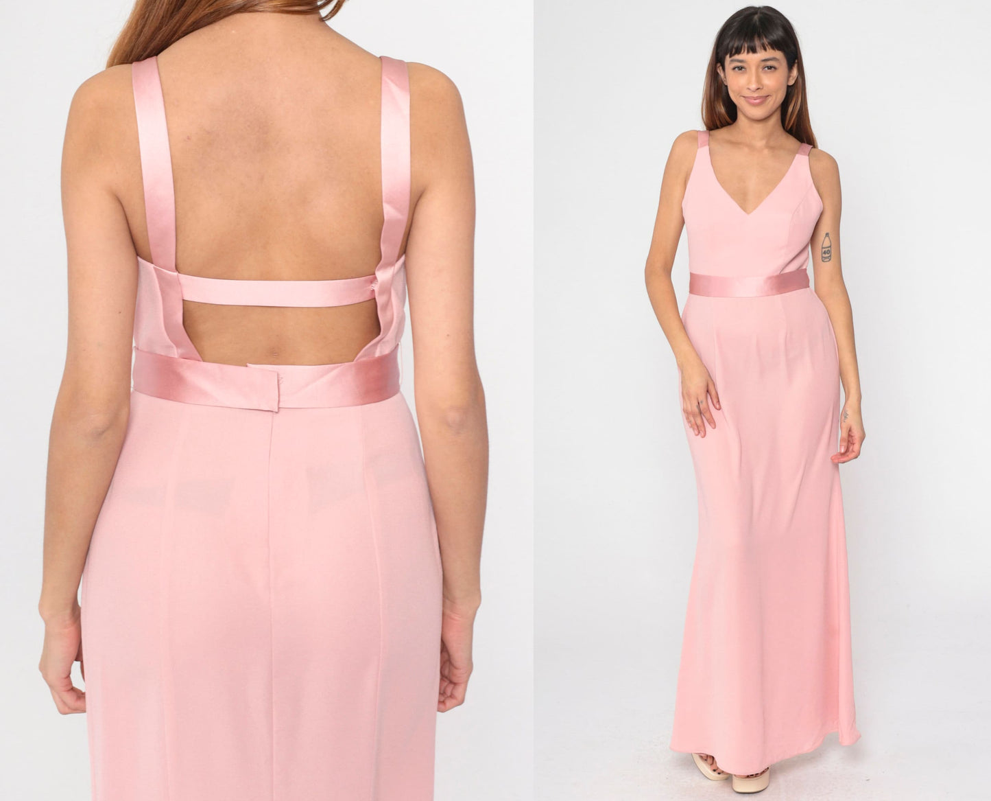 90s Vera Wang Baby Pink Maxi Dress Sleeveless V-Neck Open Back Small 6