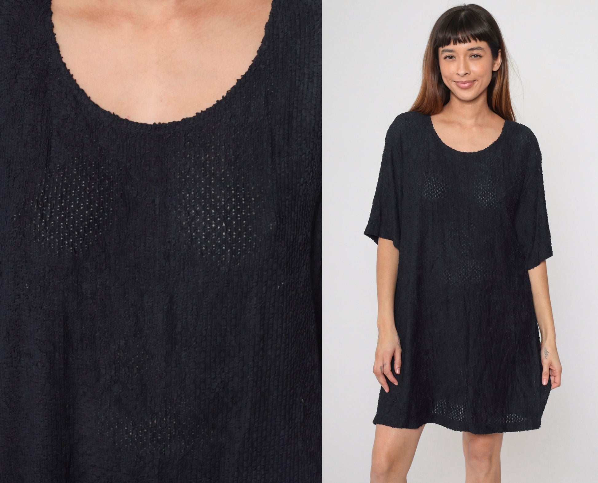 90s Black Semi-Sheer Openwork Shift Dress Plus Size XXL