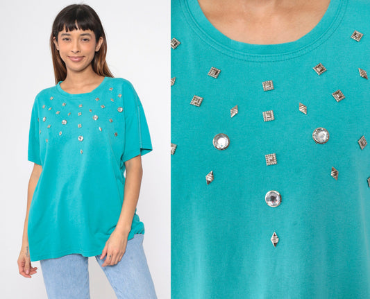 90s Turquoise Studded T-Shirt Silver Rhinestone Embellished Cotton Large L