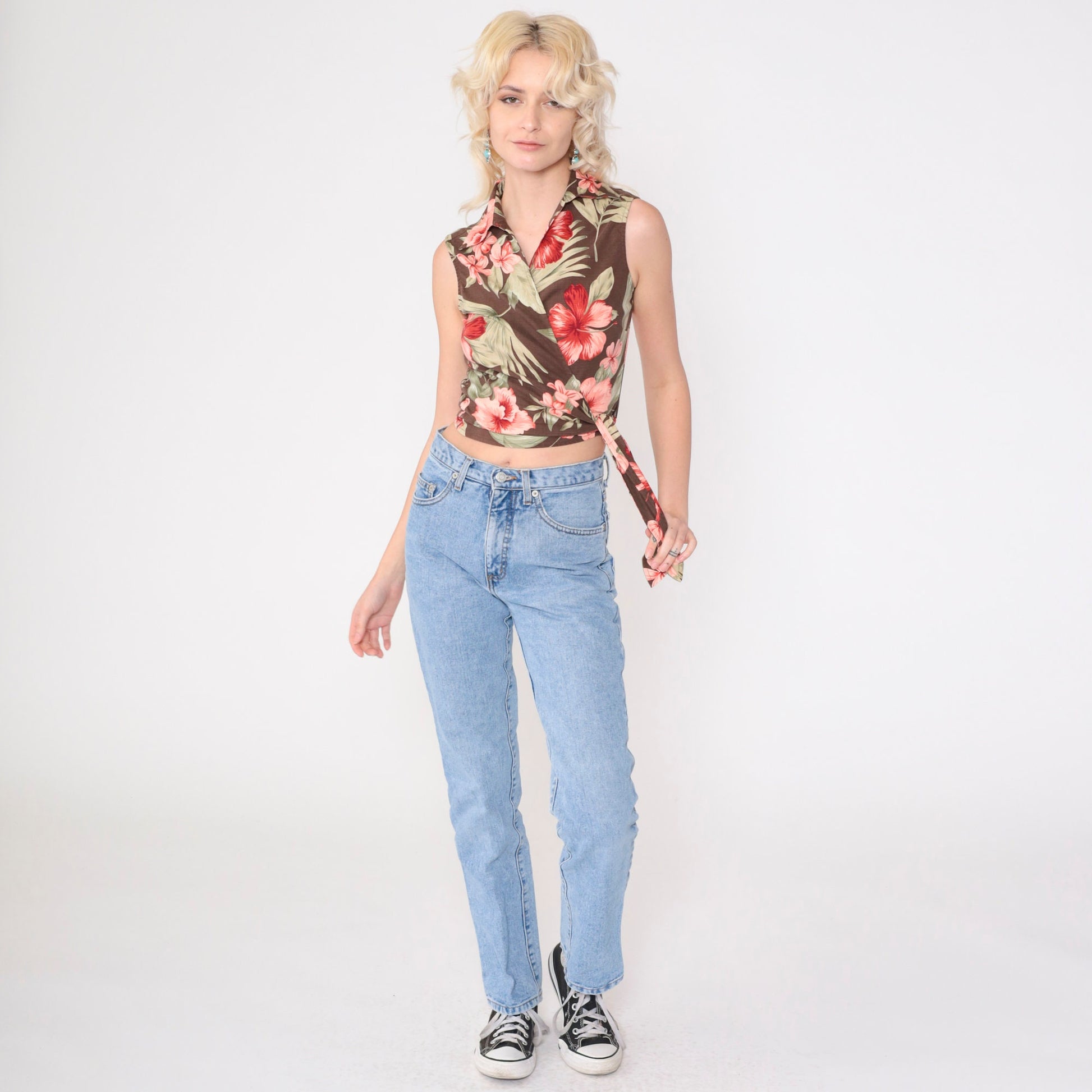 90s Tommy Bahama Tropical Silk Crop Top Brown Hibiscus Wrap Tie Waist Extra Small