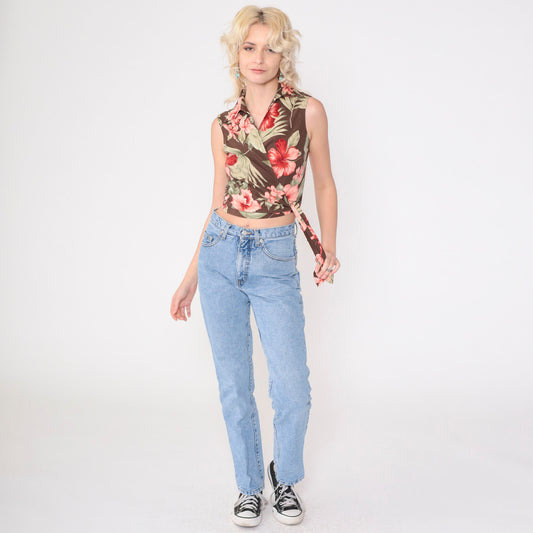90s Tommy Bahama Tropical Silk Crop Top Brown Hibiscus Wrap Tie Waist Extra Small