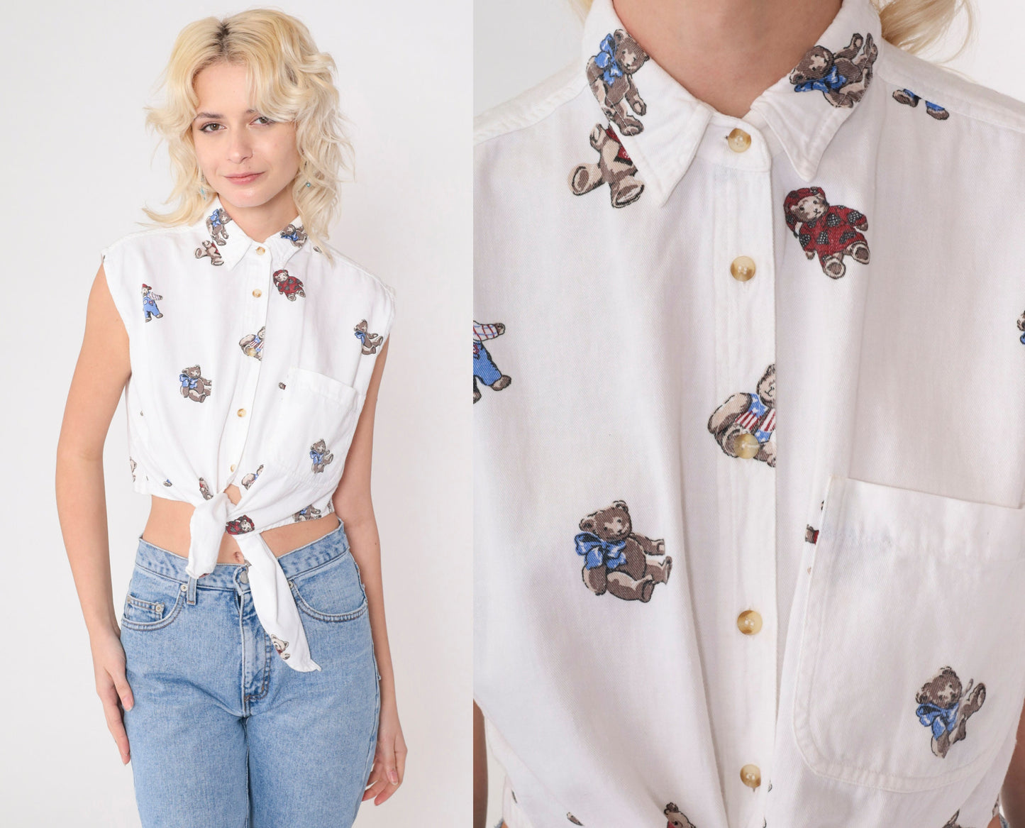 90s Teddy Bear Crop Top Sleeveless Button Down Blouse White Cotton Small