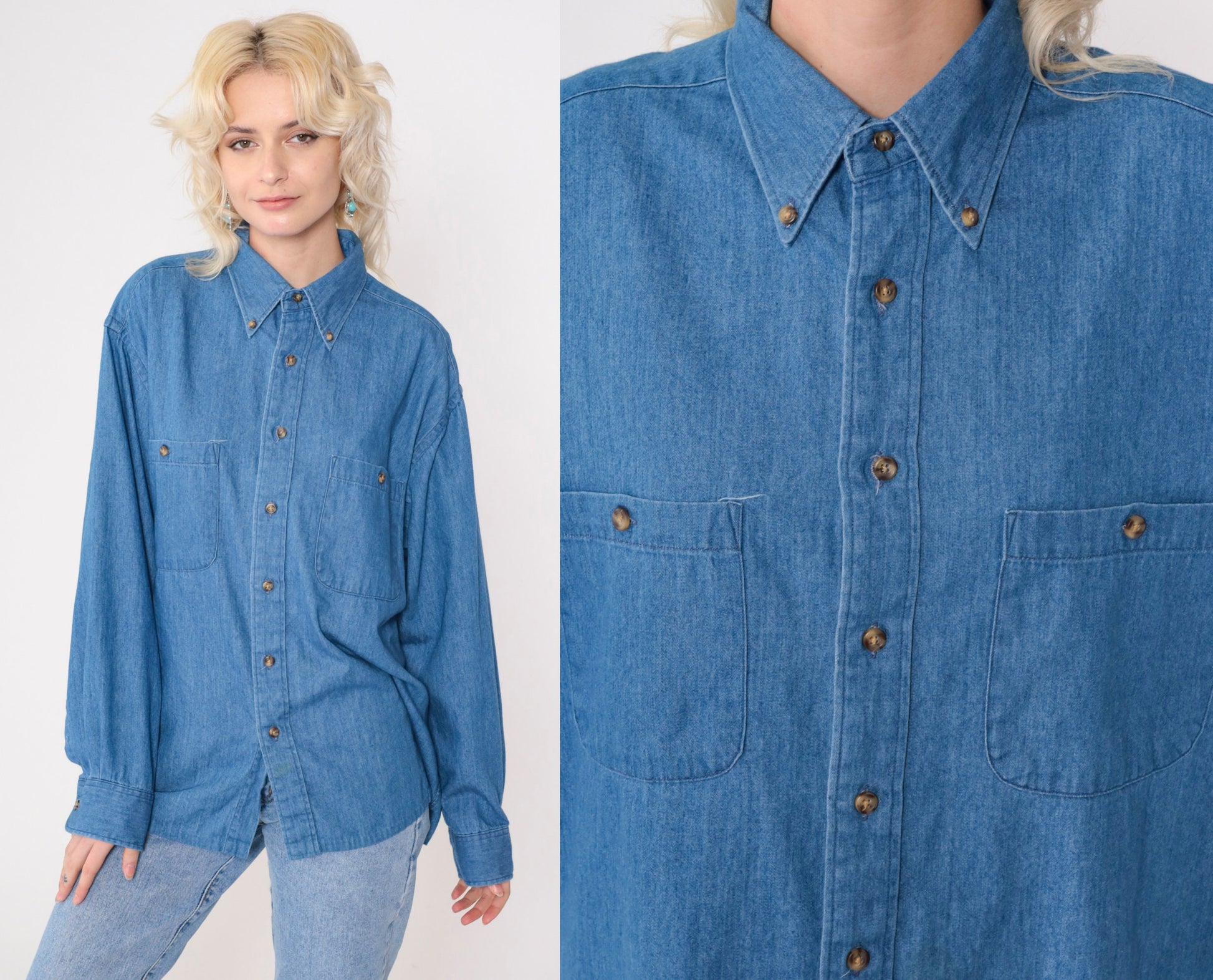 90s Club Room Blue Denim Button-Up Shirt Long Sleeve Cotton Men's 16 1/2