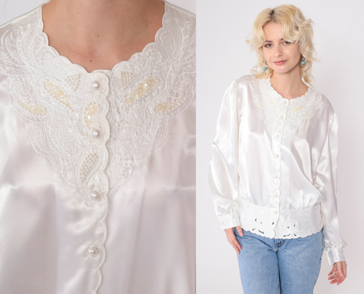 80s Westbound White Satin Blouse Paisley Beaded Sequin Puff Sleeve Large 14