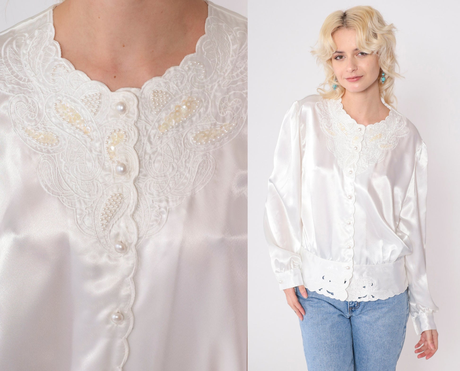 80s Westbound White Satin Blouse Paisley Beaded Sequin Puff Sleeve Large 14