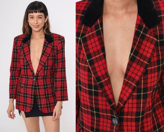 90s Red Plaid Wool Blazer Black Velvet Collar Button-Up Jacket Medium Petite