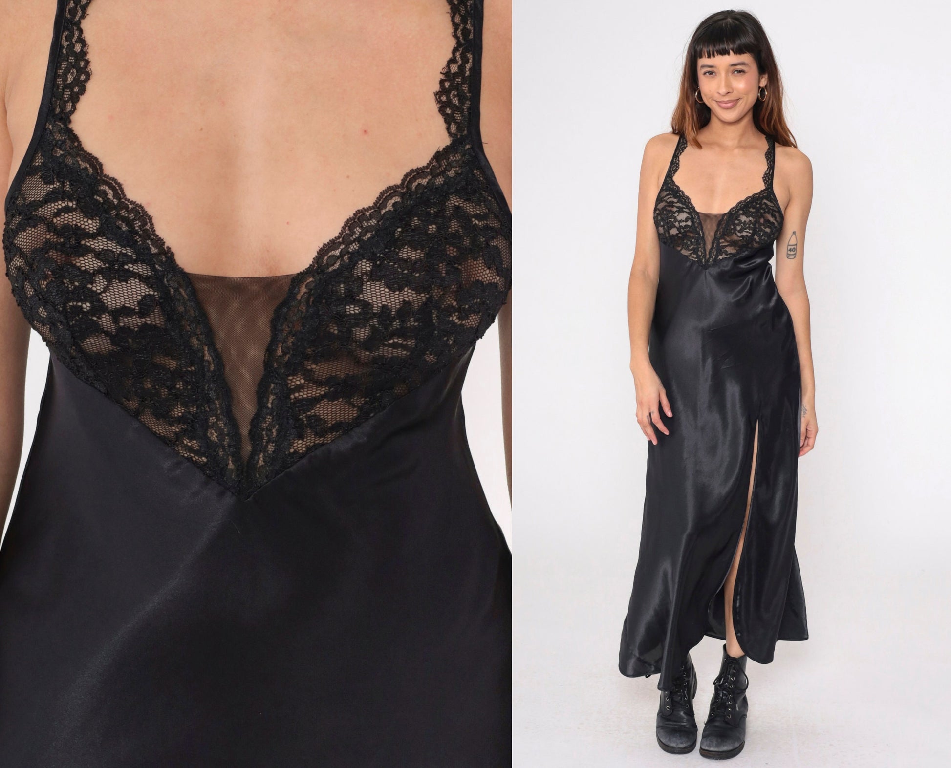 Y2K Victoria's Secret Black Satin Lace Slip Dress Maxi Deep V Sheer Small
