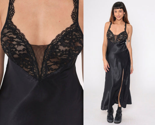 Y2K Victoria's Secret Black Satin Lace Slip Dress Maxi Deep V Sheer Small