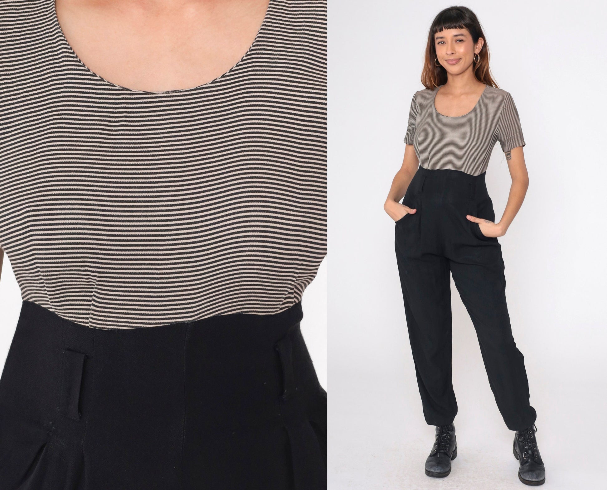90s Black Pinstripe Jumpsuit Scoop Neck Tapered Pants Pockets Medium 8