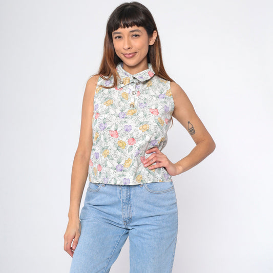 90s White Floral Sleeveless Collared Shirt Button-Up Blouse Small