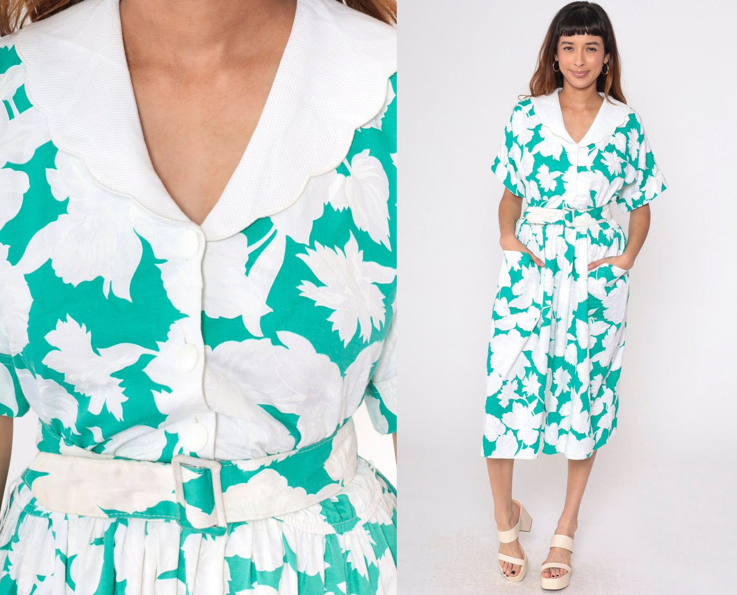 80s Leslie Fay Floral Midi Shirtdress Green White Scalloped Collar Belted Large