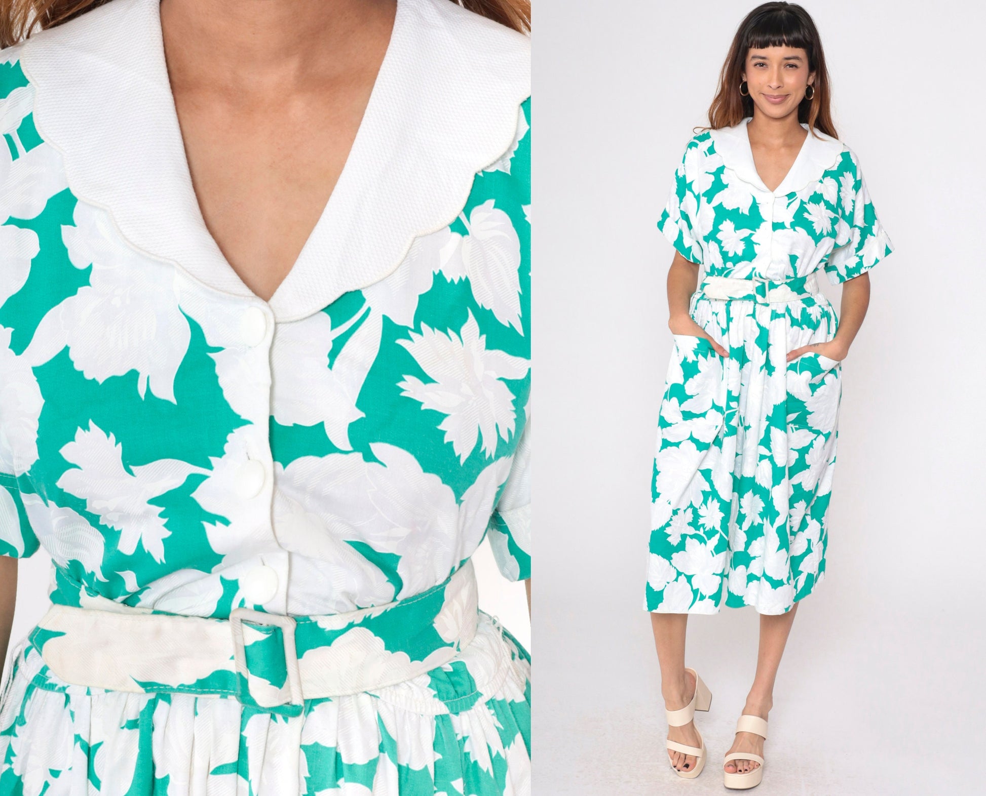 80s Leslie Fay Floral Midi Shirtdress Green White Scalloped Collar Belted Large