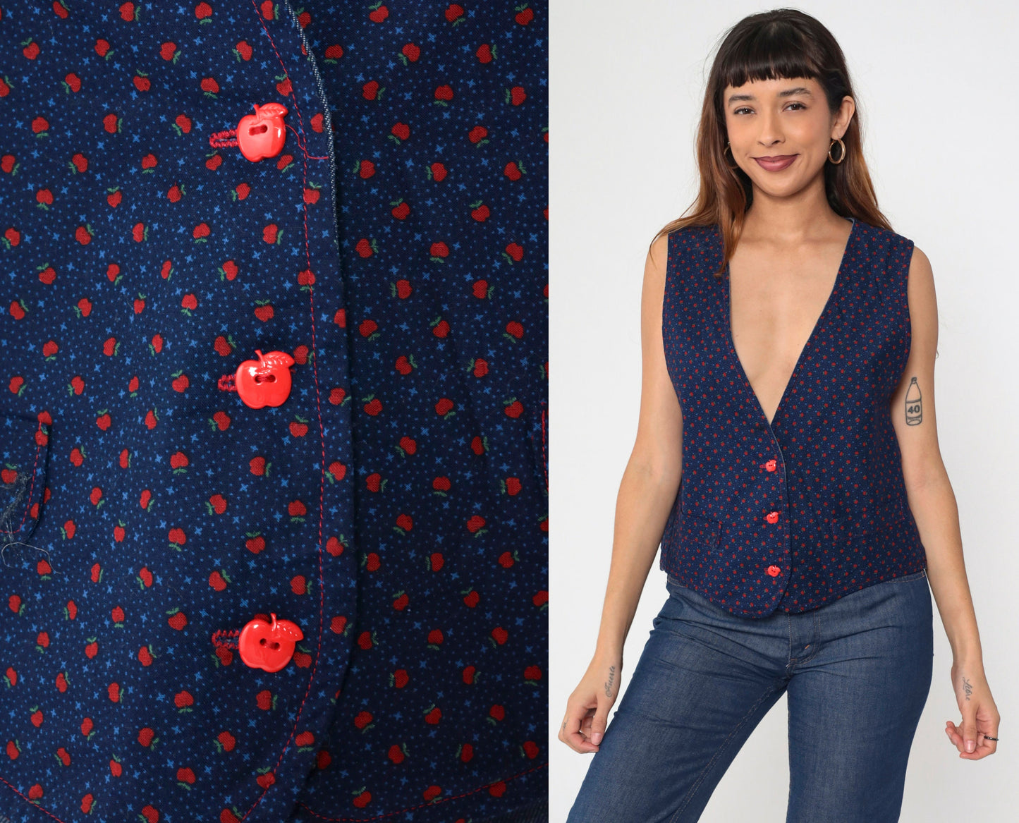 70s Blue Button-Up Vest Apple Print Sleeveless Jacket Medium