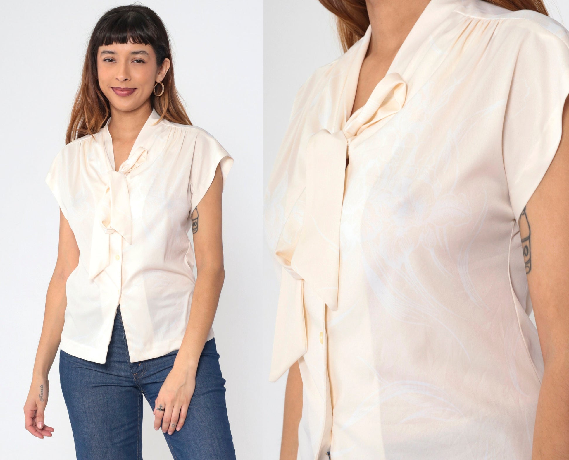 70s Graff Ascot Blouse Cream Abstract Print Button-Up Cap Sleeve Small
