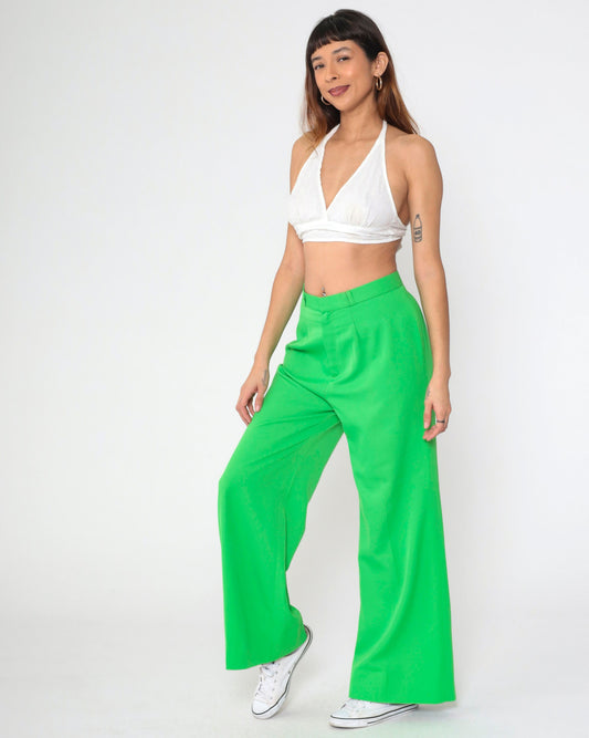 70s Bright Green Bell Bottom Pants High Waist Flared Trousers Medium