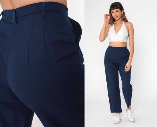 80s Mervyns Navy High-Waisted Straight Leg Trousers Medium