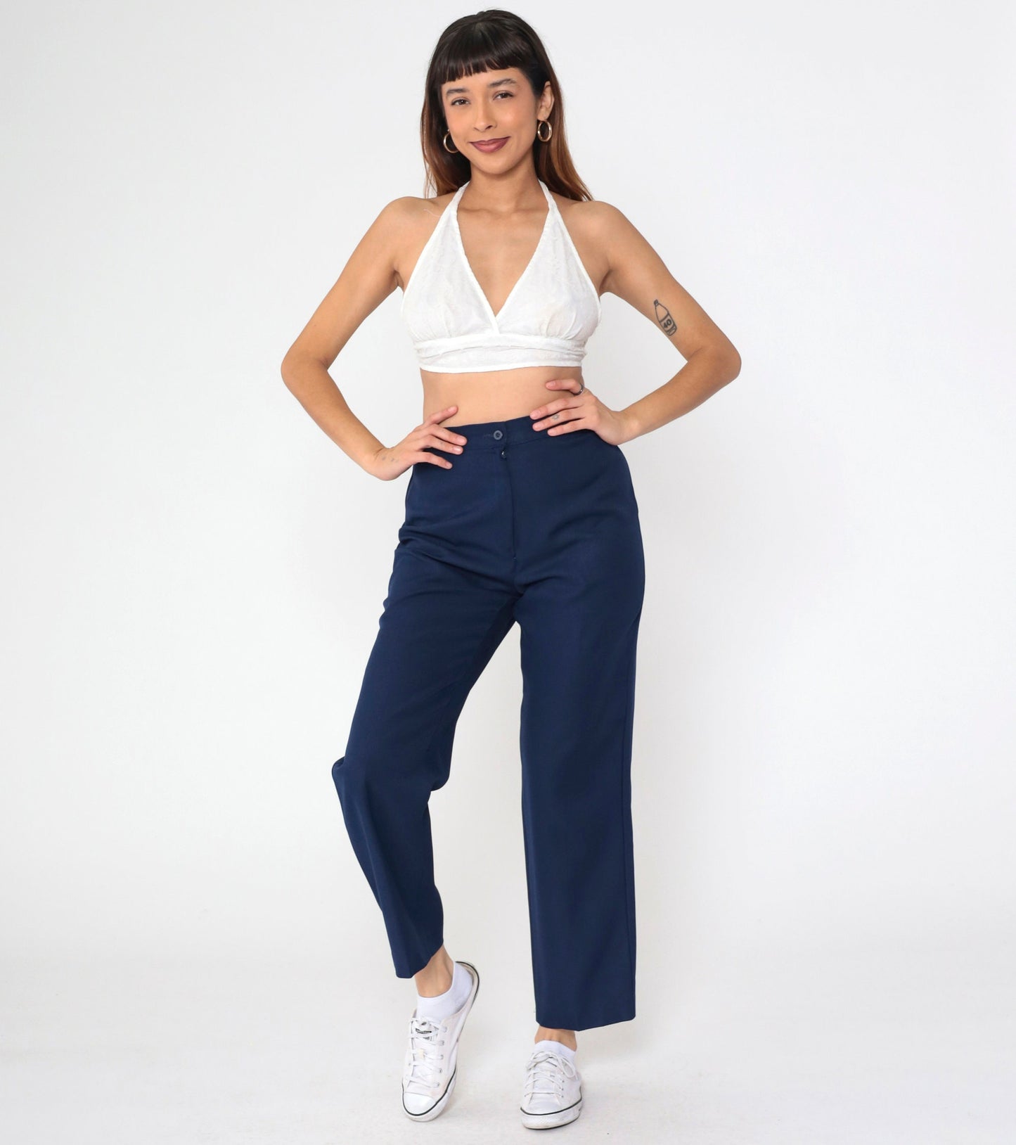 90s Navy Straight Leg High Rise Trousers Wool Blend Small 26
