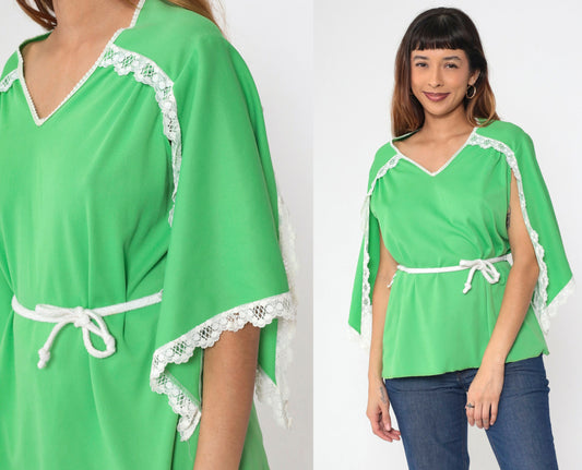 70s Lime Green Angel Sleeve Blouse White Lace Trim Drawstring Medium M