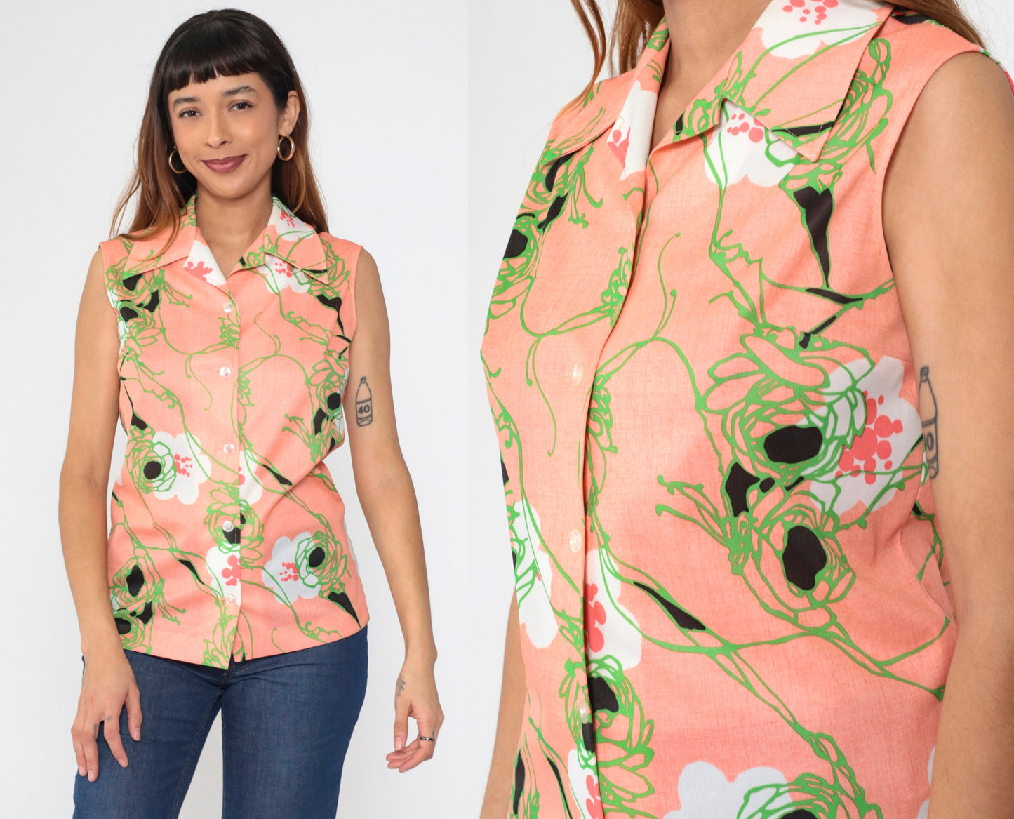 70s Pink Floral Tank Top Wing Collar Button-Up Sleeveless Blouse Medium