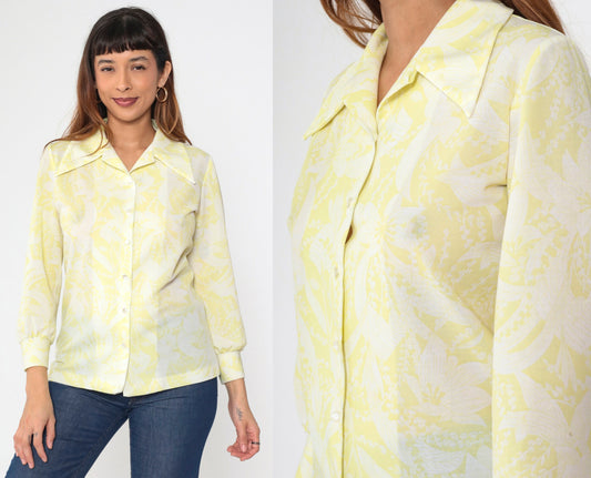 70s Floral Button-Up Blouse Yellow White Abstract Flower Print Wing Collar Medium