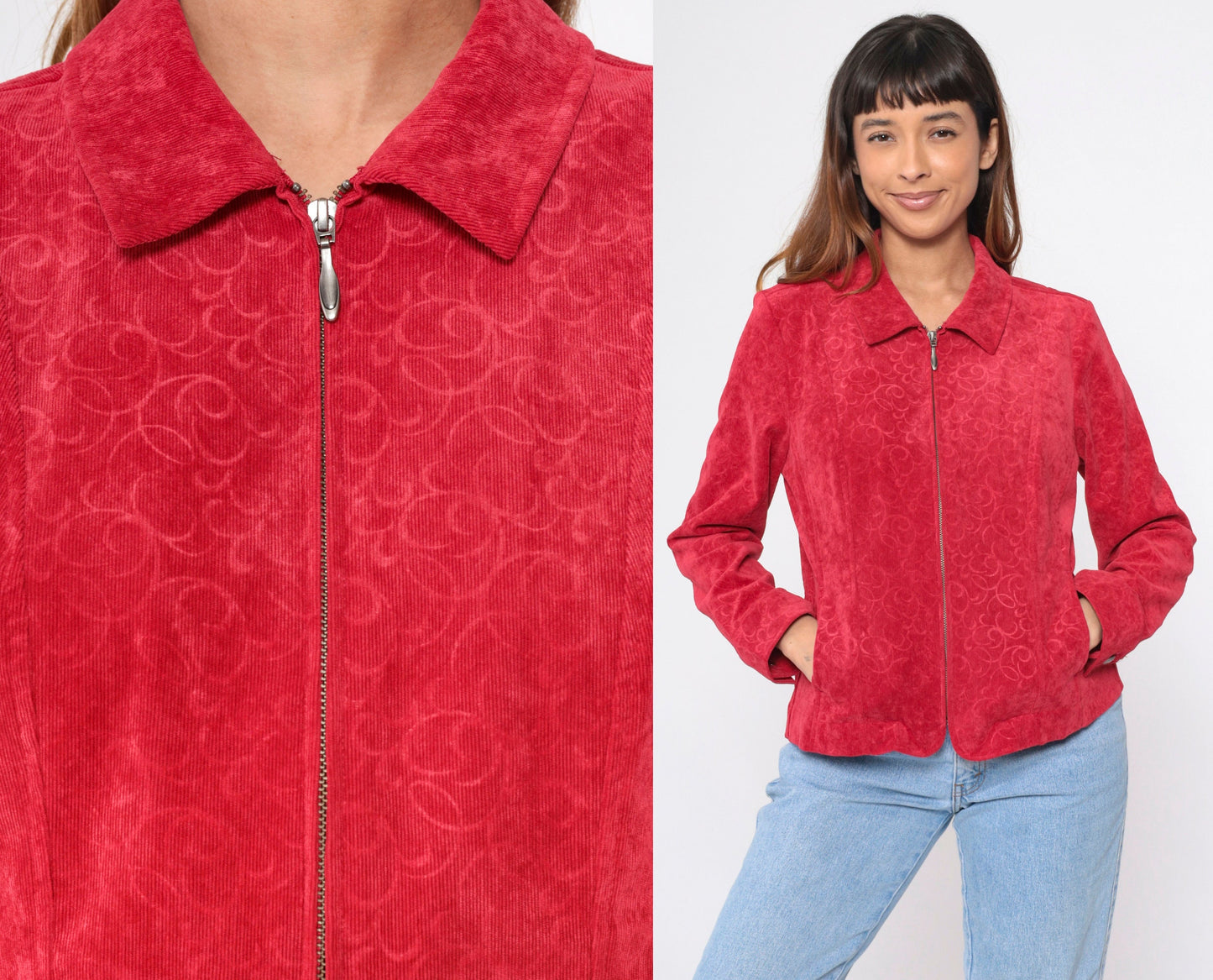 90s Red Corduroy Jacket Baroque Scroll Zip-Up Medium