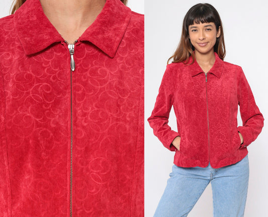90s Red Corduroy Jacket Baroque Scroll Zip-Up Medium