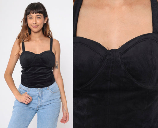 90s Black Velvet Stretch Tank Top Bustier Sleeveless Blouse Extra Small