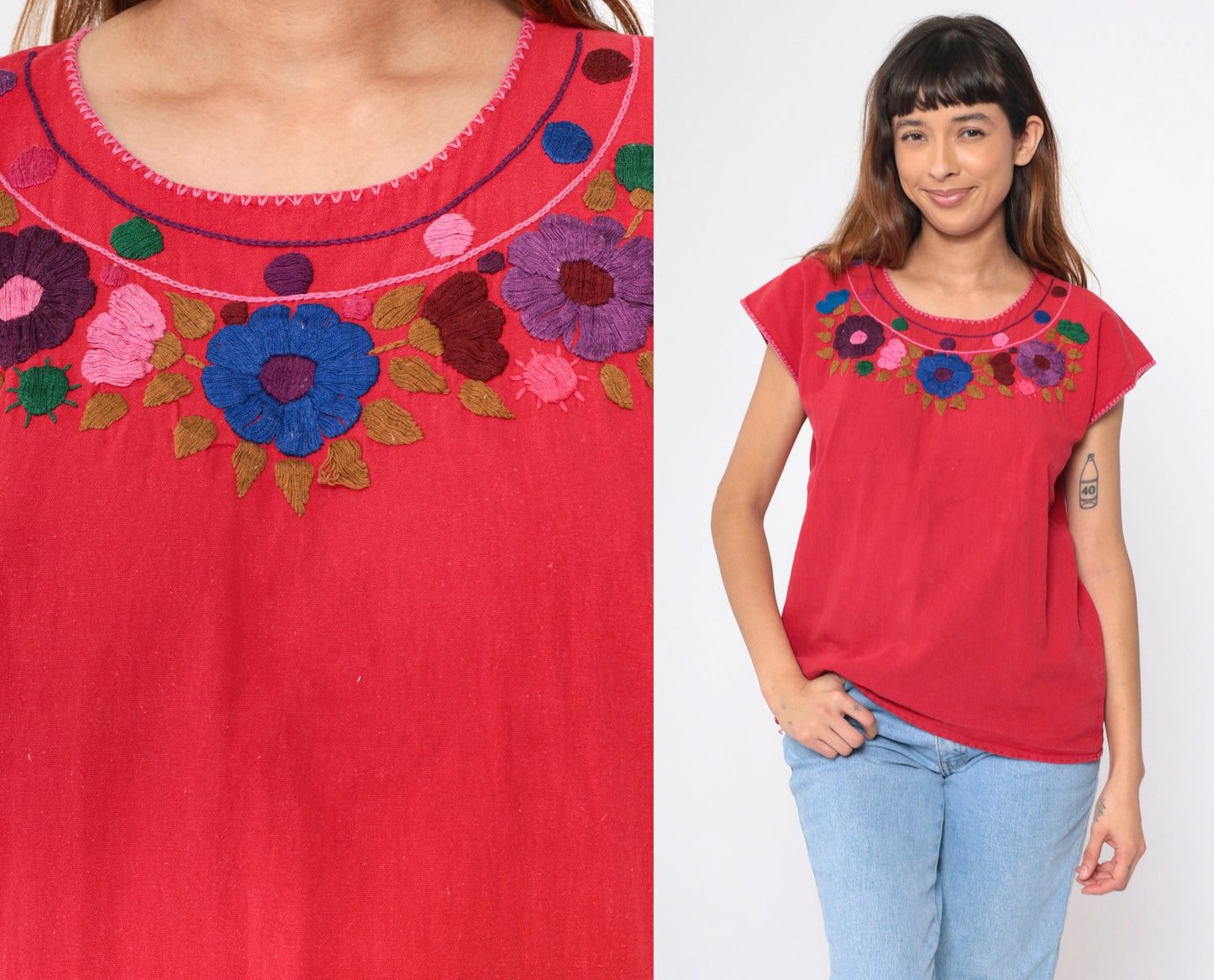 90s Mexican Embroidered Floral Blouse Red Short Sleeve Medium