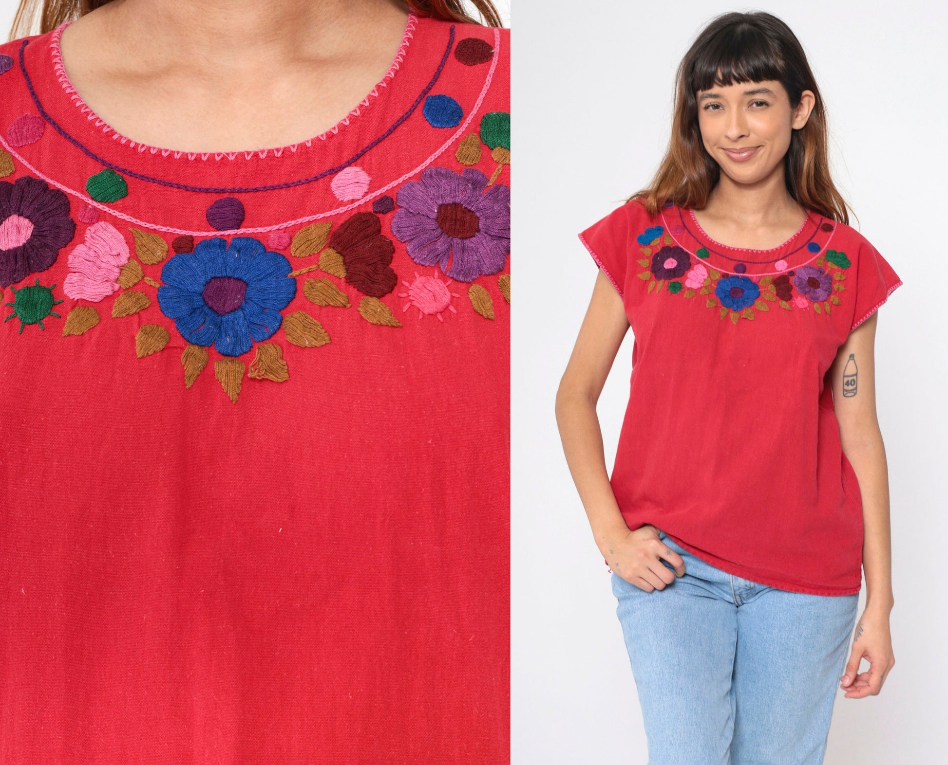 90s Mexican Embroidered Floral Blouse Red Short Sleeve Medium