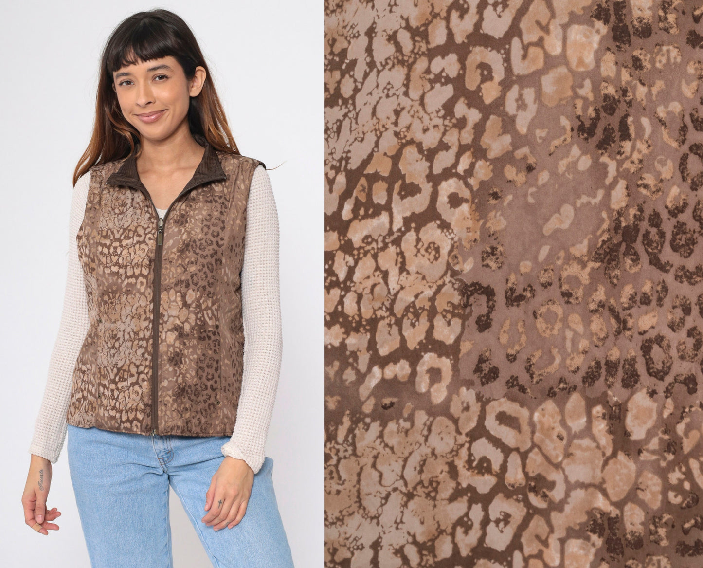 90s Leopard & Brown Reversible Quilted Vest Zip-Up Small