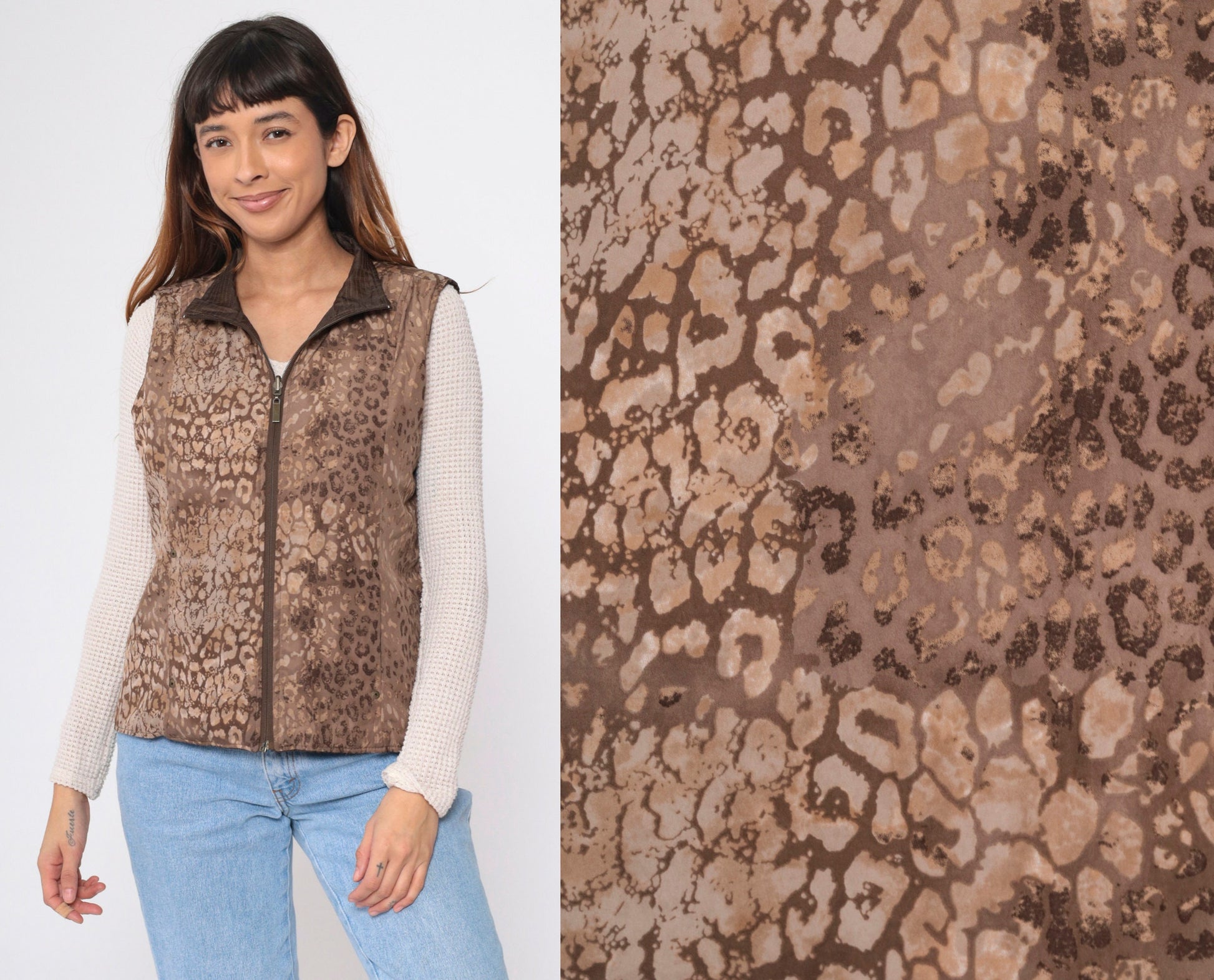 90s Leopard & Brown Reversible Quilted Vest Zip-Up Small