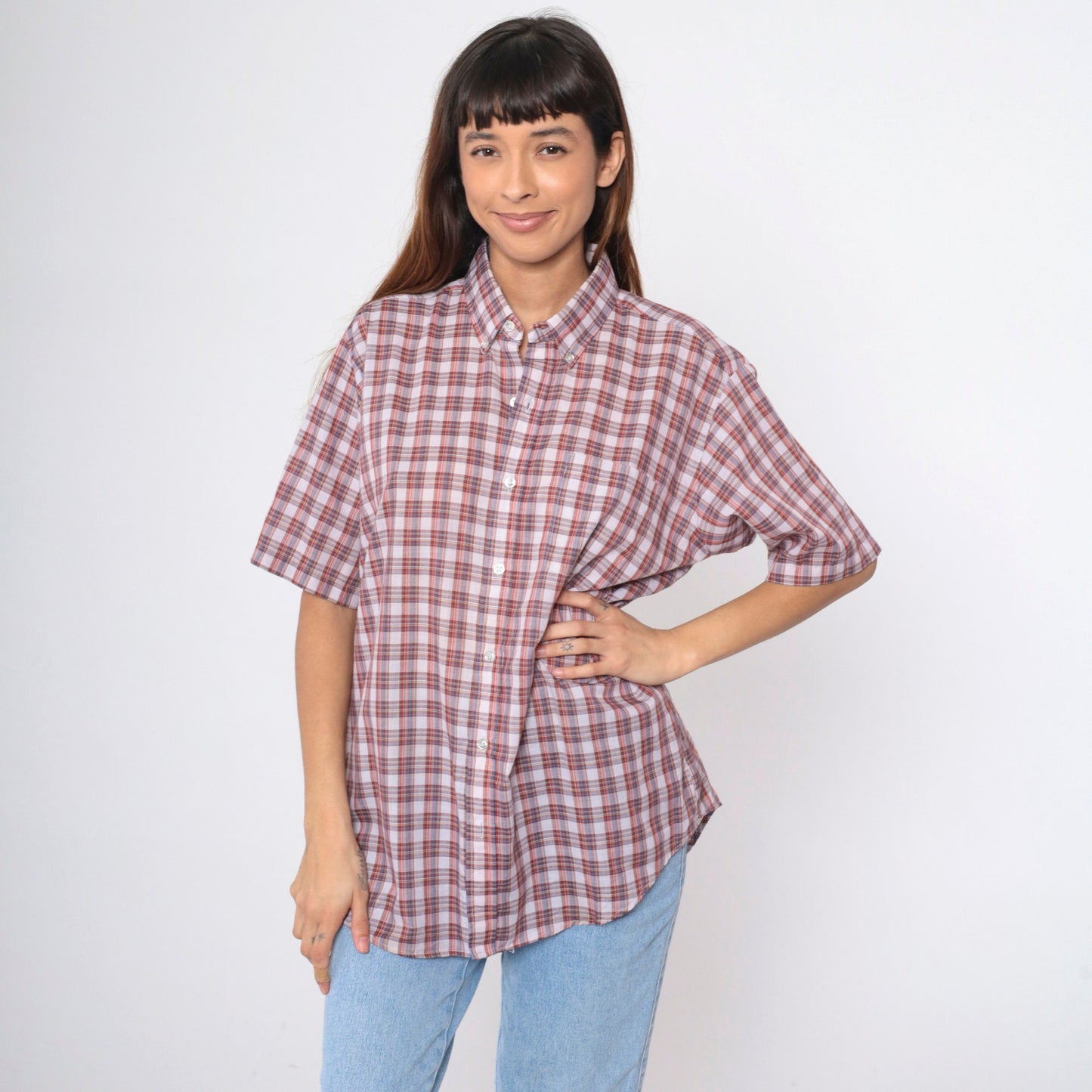 80s Grand Banks Plaid Button-Up Shirt Red White Brown Tartan Short Sleeve Large