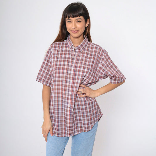 80s Grand Banks Plaid Button-Up Shirt Red White Brown Tartan Short Sleeve Large