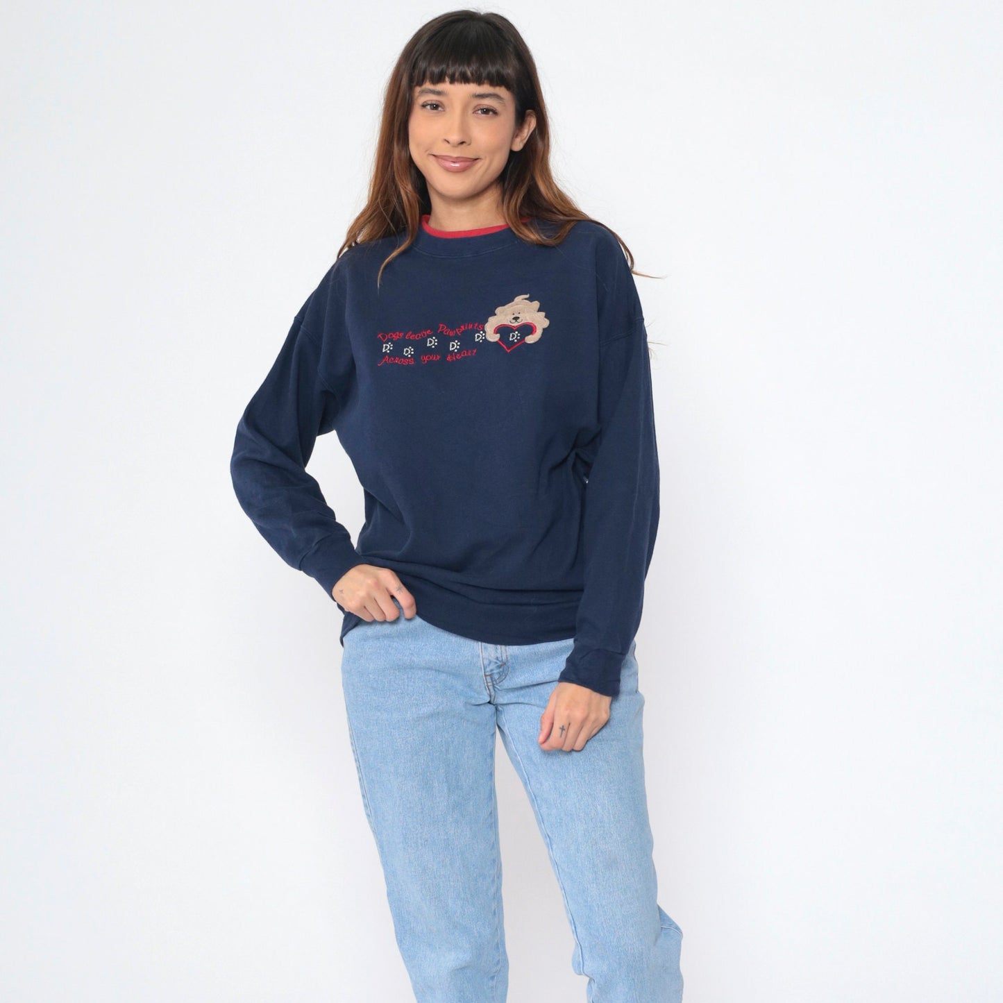 Y2K Dog Sweatshirt Navy Blue Rhinestone Embroidered Heart Pawprints Medium