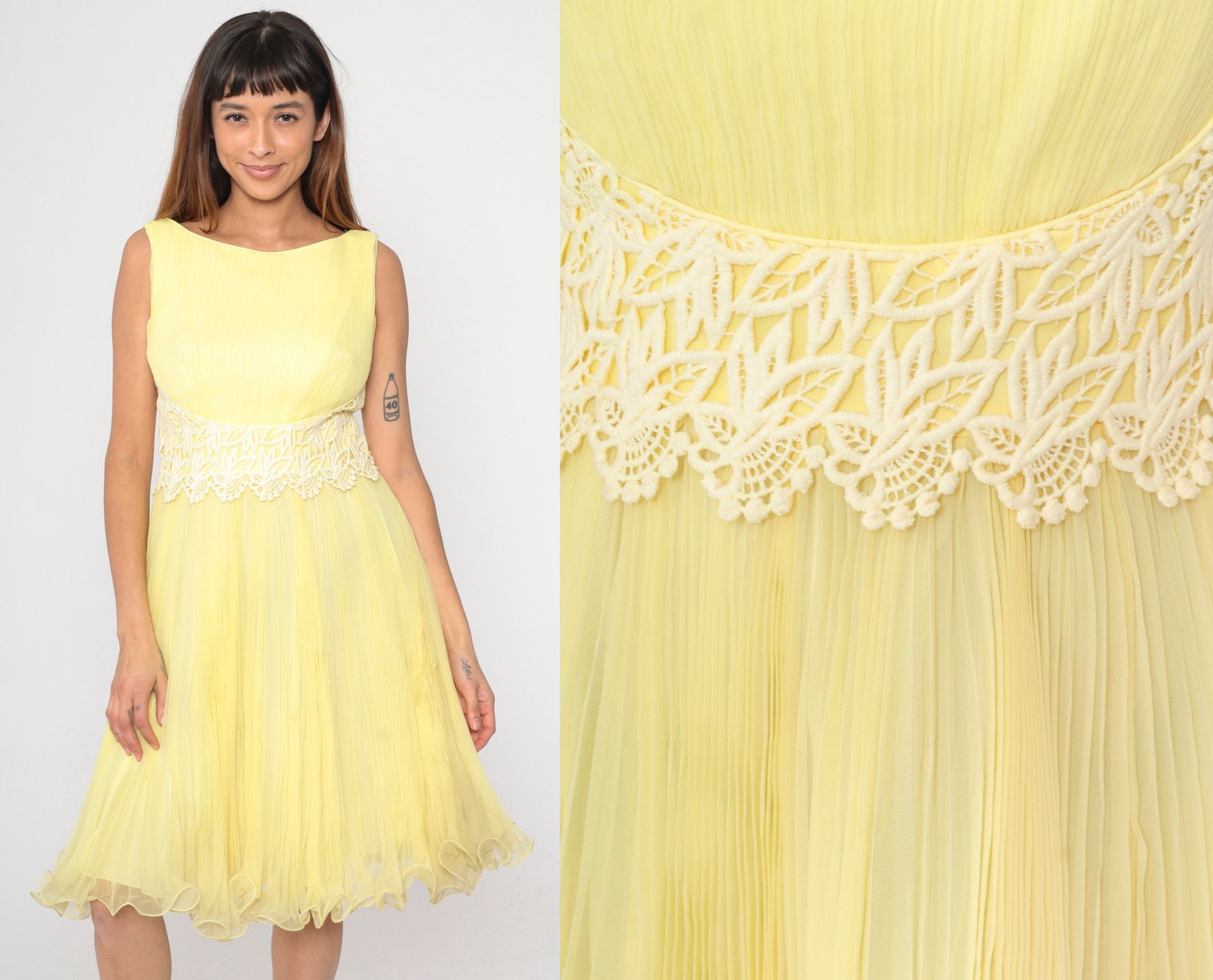 60s Yellow Lace Trim Sleeveless Dress High Waist Pleated Boatneck Small