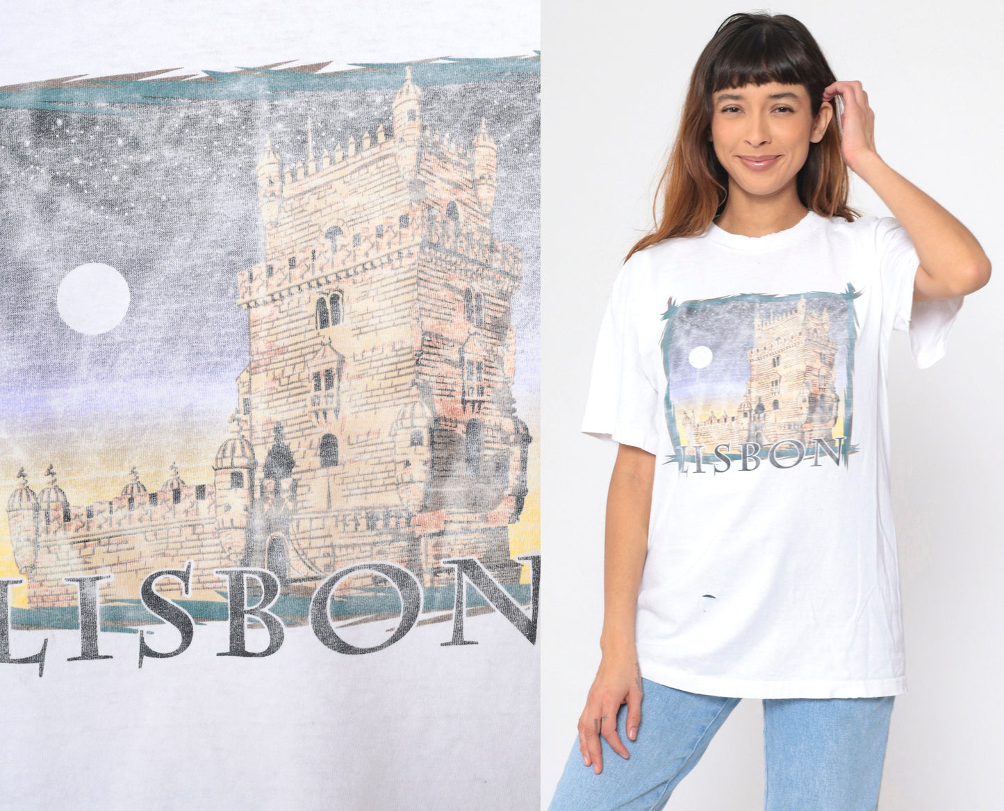 90s Lisbon Belém Tower Portugal Graphic T-Shirt White Distressed Large