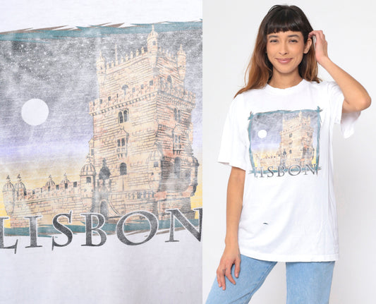 90s Lisbon Belém Tower Portugal Graphic T-Shirt White Distressed Large