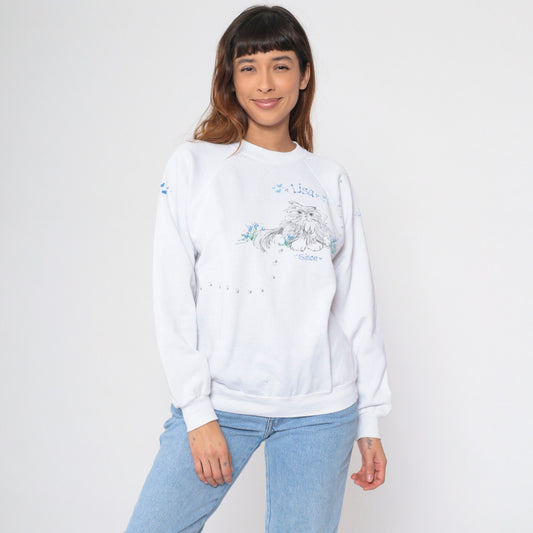 90s Hand Painted Cat Lisa Sweatshirt White Hanes Raglan Medium