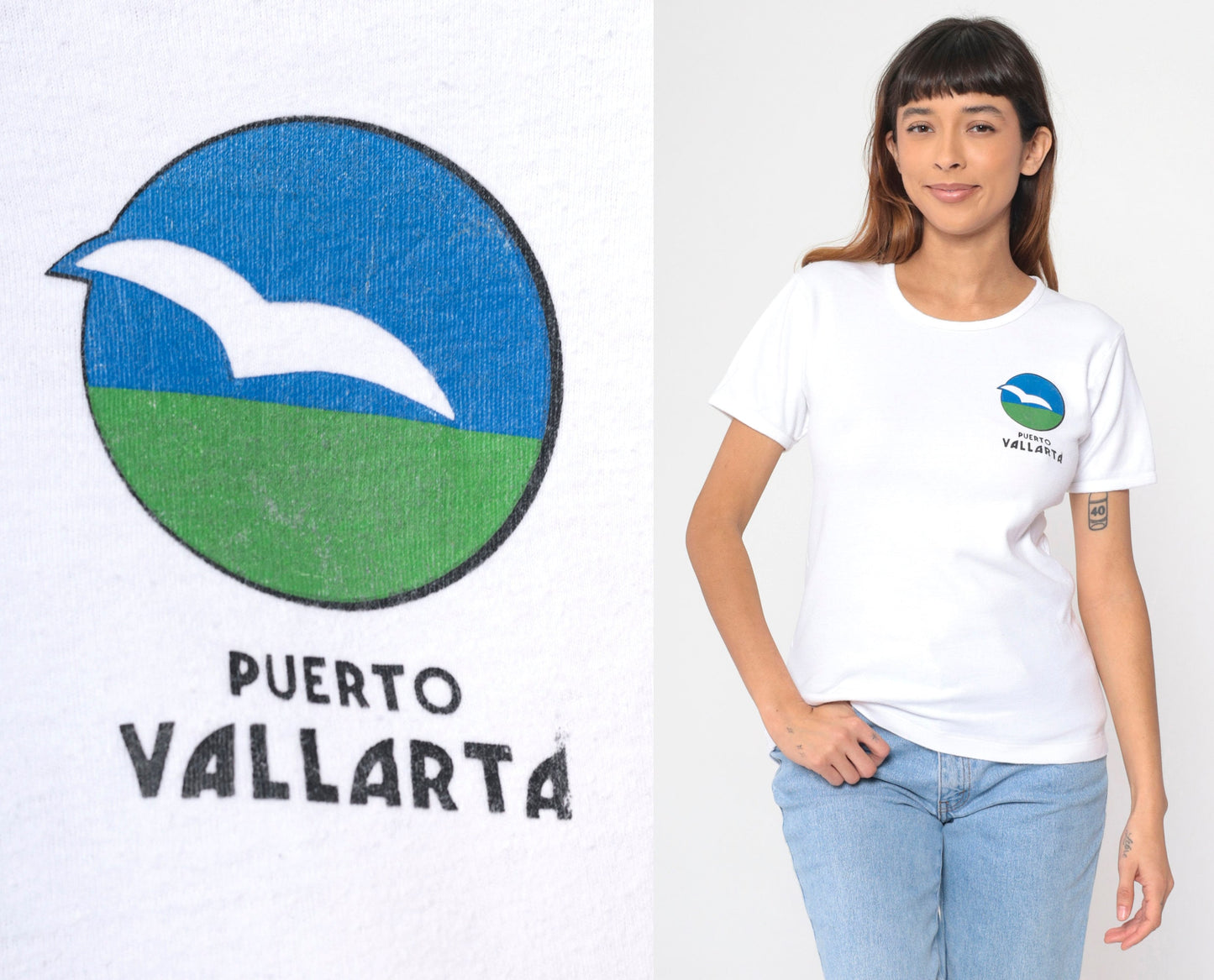 90s Puerto Vallarta Bird Graphic T-Shirt White Cotton Single Stitch Medium