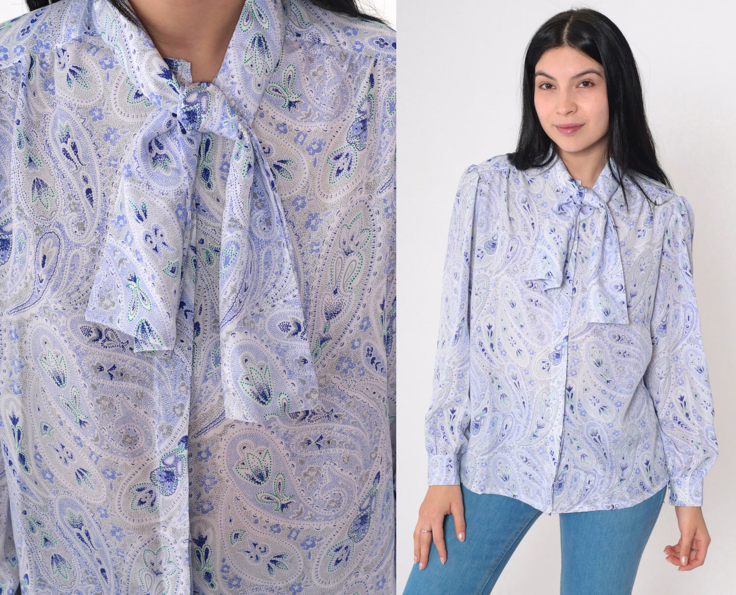 70s Paisley Ascot Blouse Purple White Puff Sleeve Button Up Medium M