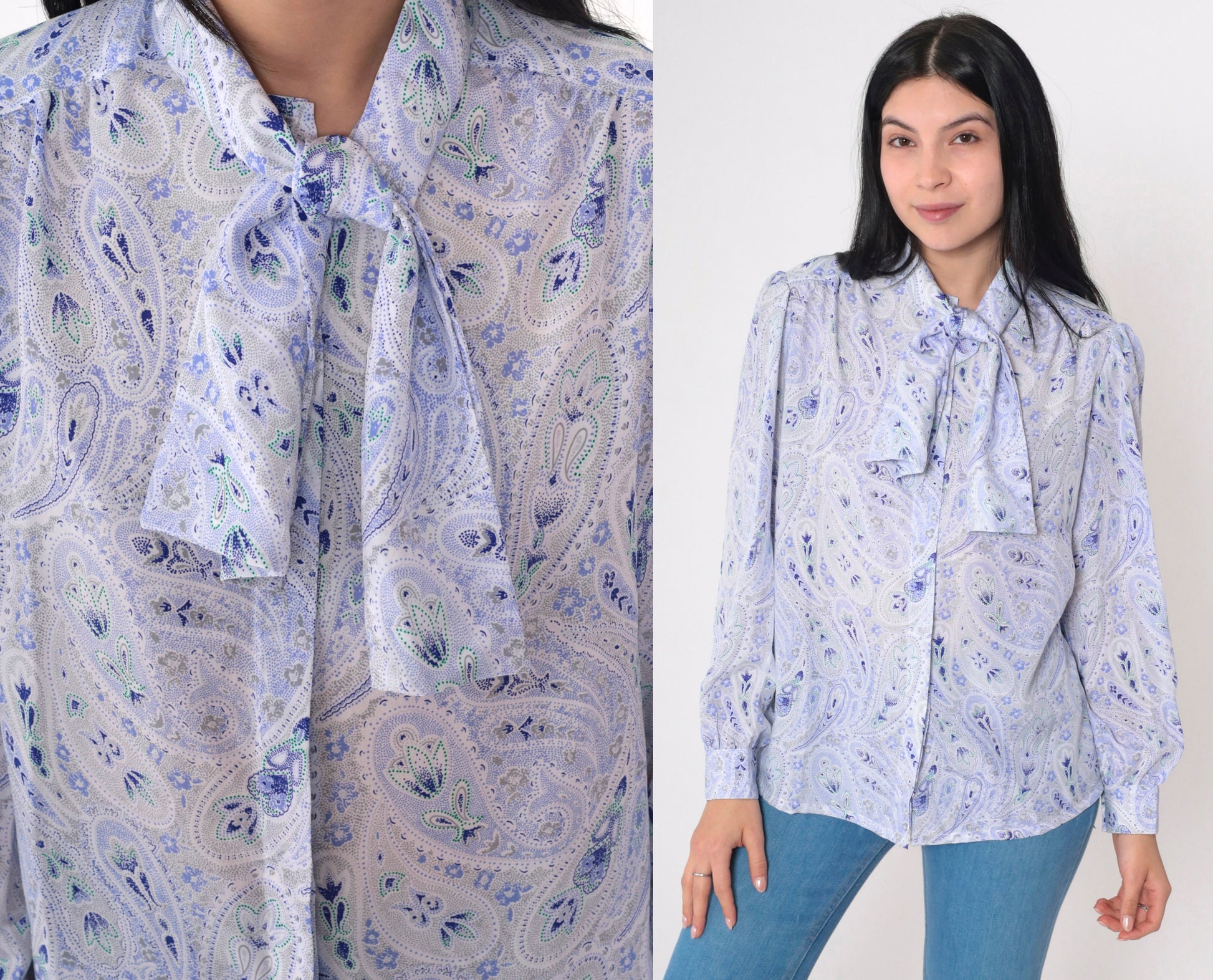 70s Paisley Ascot Blouse Purple White Puff Sleeve Button Up Medium M