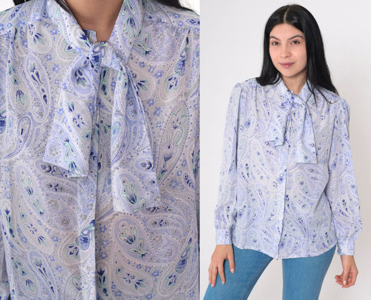 70s Paisley Ascot Blouse Purple White Puff Sleeve Button Up Medium M