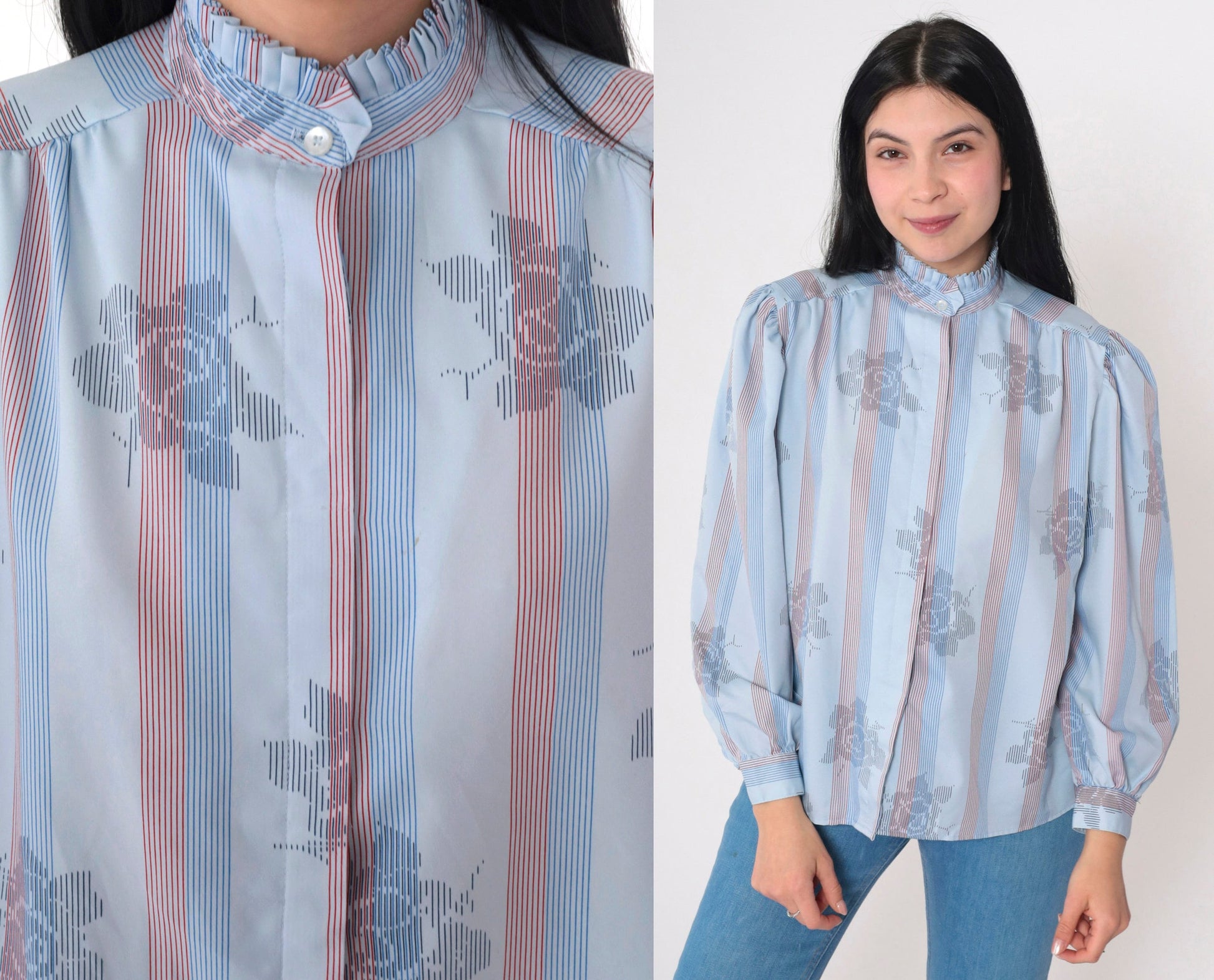 70s Blue Striped Floral Rose Button-Up Blouse High Pleated Neck Long Sleeve Medium M