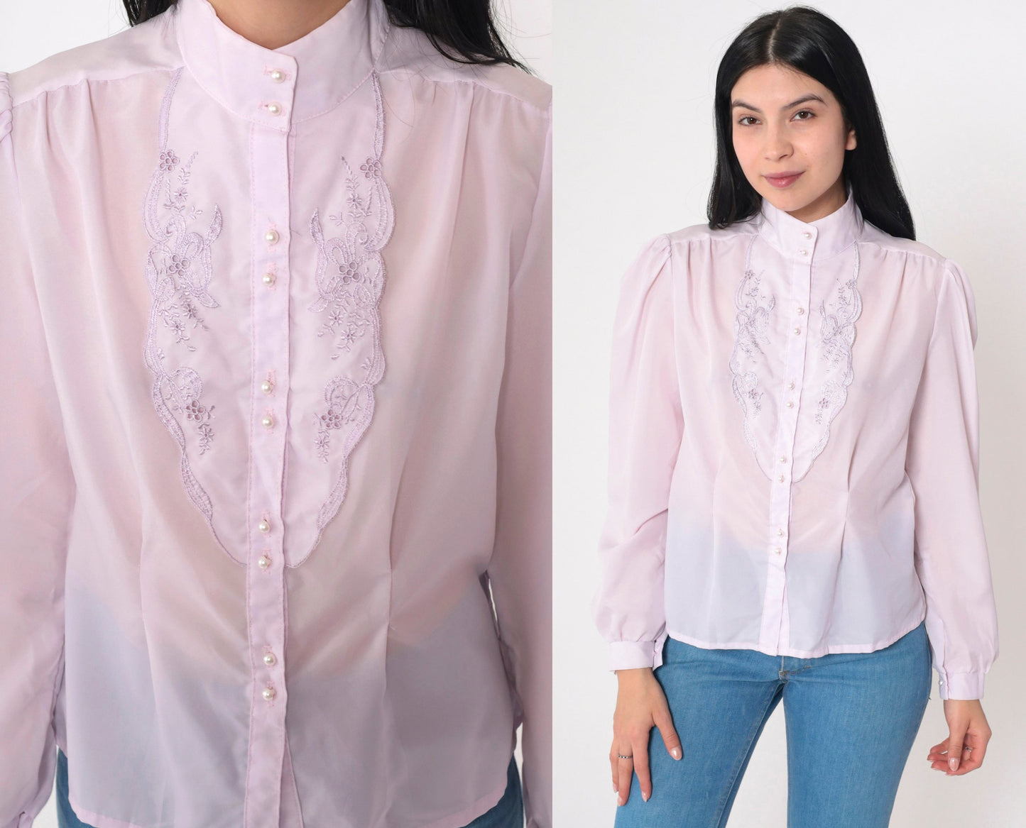 70s Lavender Embroidered Blouse Floral Cutwork Puff Sleeve Button Up Small