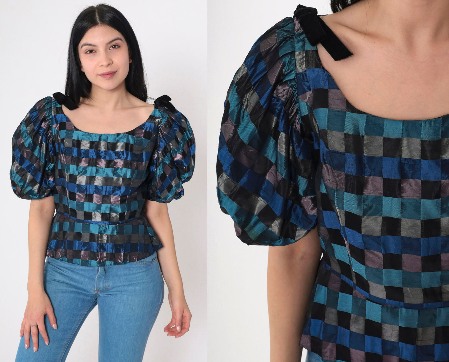 60s Charles Glueck Checkered Peplum Blouse Puff Sleeve Blue Black Extra Small