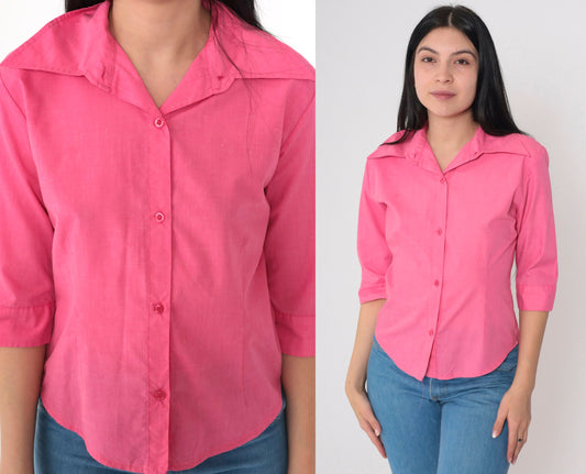 70s Bright Pink Wing Collar Button-Up Blouse 3/4 Sleeve Small