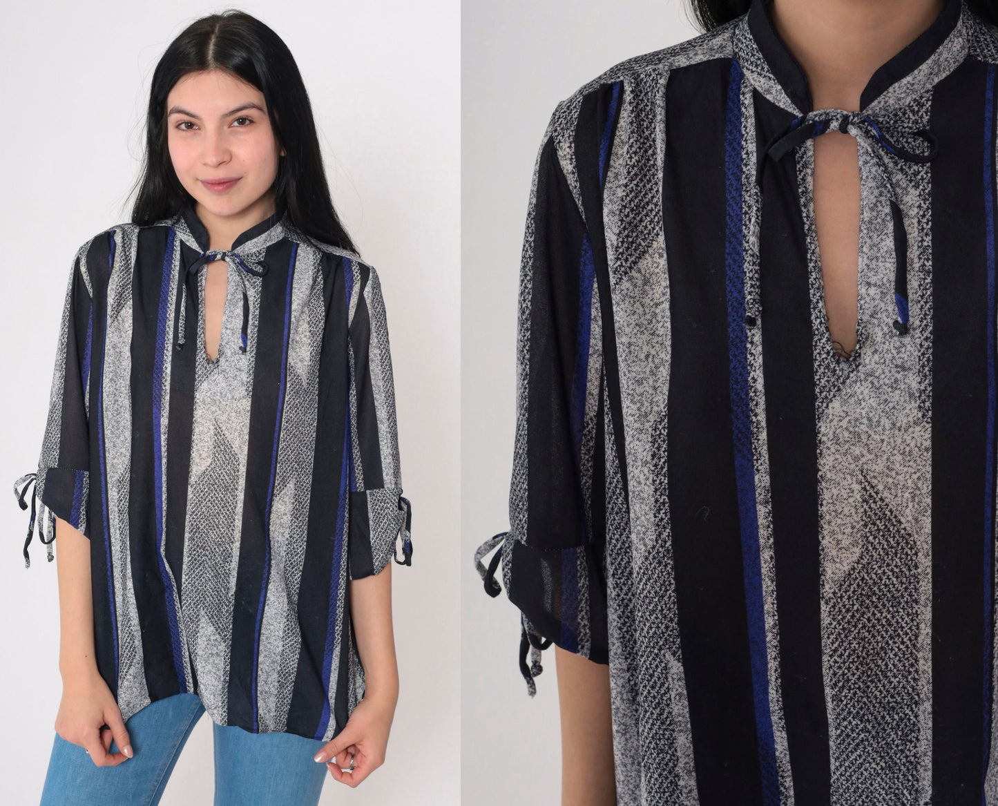70s Striped Keyhole Blouse Tie Neck 3/4 Sleeve Black Blue Grey Extra Large