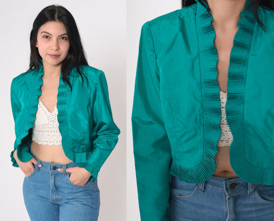 70s Miss Elliette Teal Cropped Jacket Open Front Knife Pleat Small